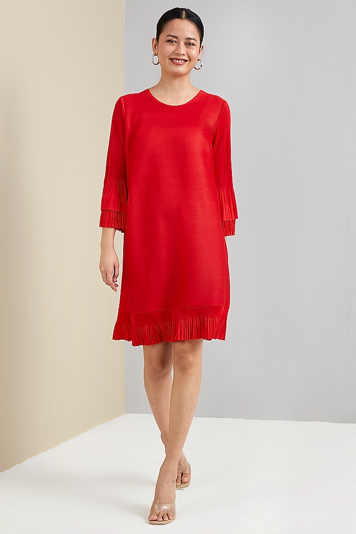 Red Polyester A-Line Ruffled Dress by Scarlet Sage