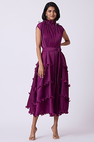 Purple Polyester Ruffled Midi Dress by Scarlet Sage