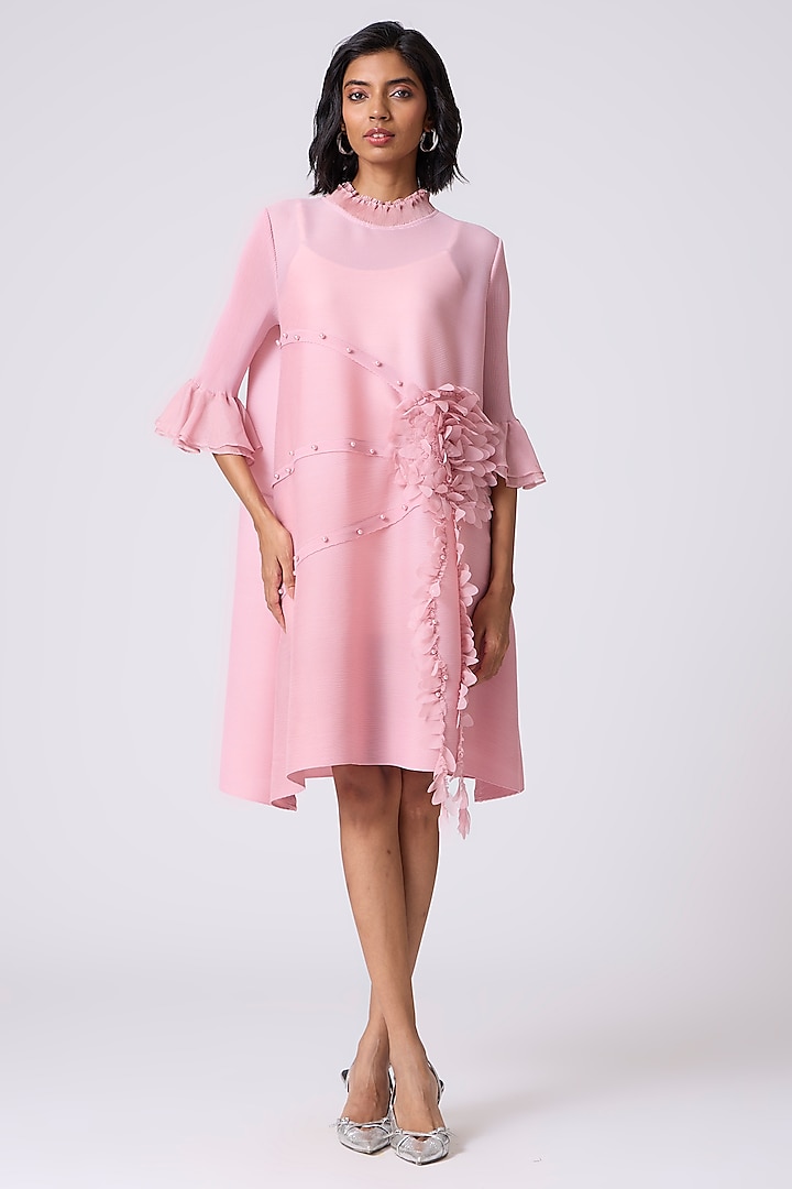 Pink Polyester 3D Floral Applique Embellished Summer Dress by Scarlet Sage at Pernia's Pop Up Shop