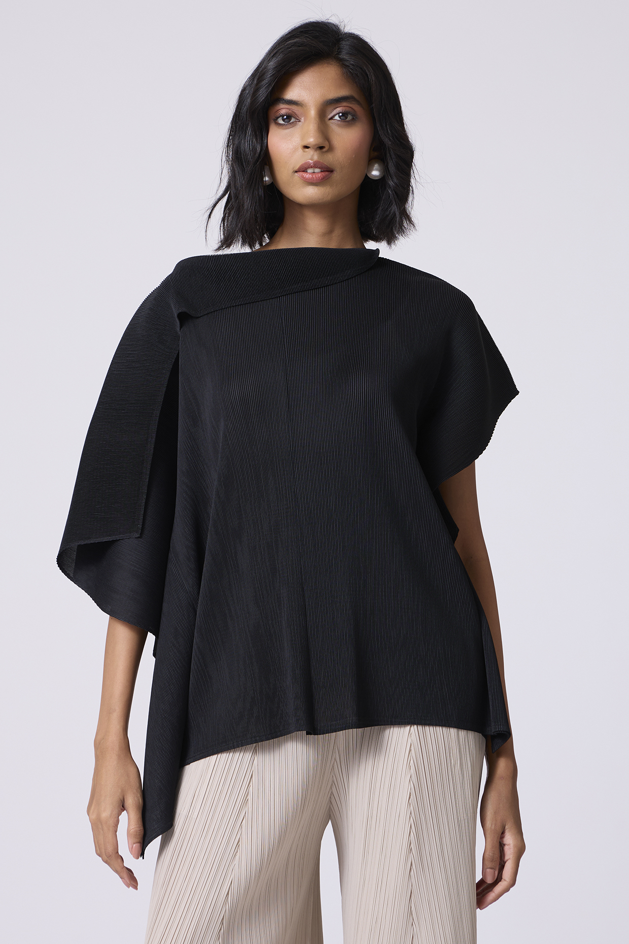 Black Polyester Pleated Top by Scarlet Sage at Pernia's Pop Up Shop