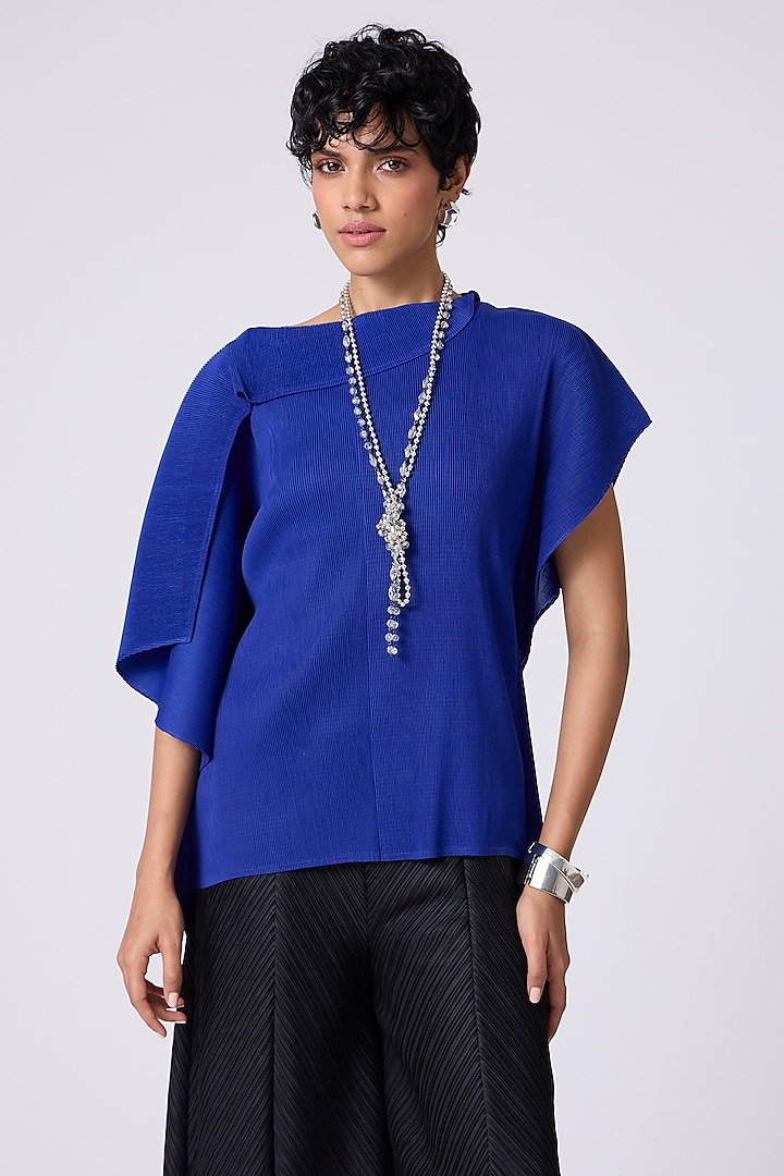 Royal Blue Polyester Pleated Top by Scarlet Sage at Pernia's Pop Up Shop