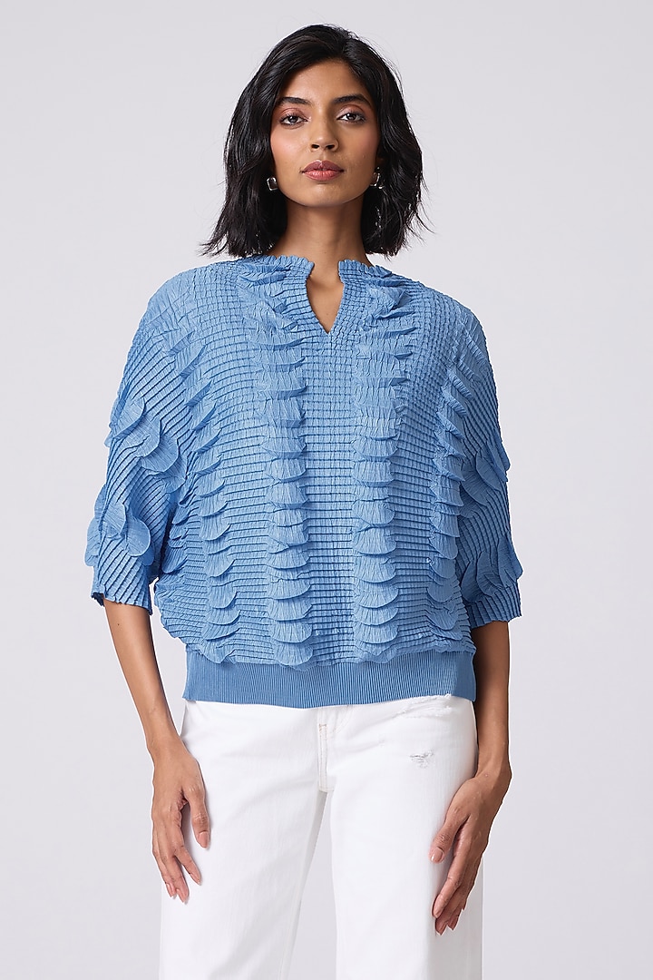 Cornflower Blue Polyester 3D Pleated Top by Scarlet Sage at Pernia's Pop Up Shop