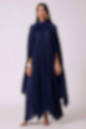 Navy Polyester Pleated Halter Cape Summer Dress by Scarlet Sage at Pernia's Pop Up Shop