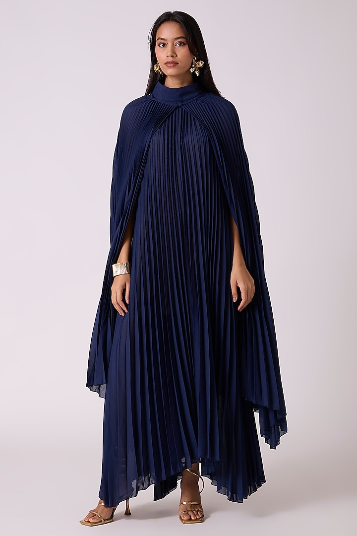Navy Polyester Pleated Halter Cape Summer Dress by Scarlet Sage at Pernia's Pop Up Shop