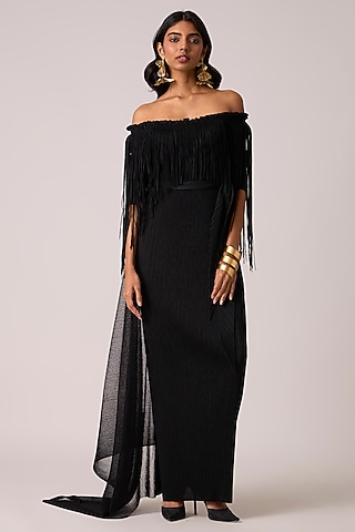 Black Polyester Off-Shoulder Maxi Dress by Scarlet Sage