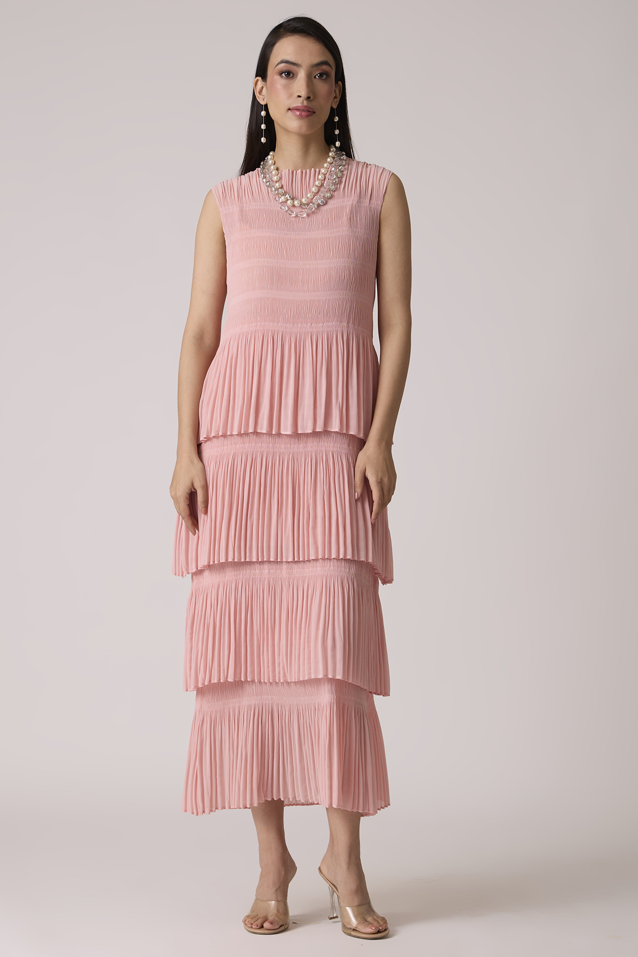 Peach Pink Polyester & Chiffon Tiered Summer Dress by Scarlet Sage at Pernia's Pop Up Shop