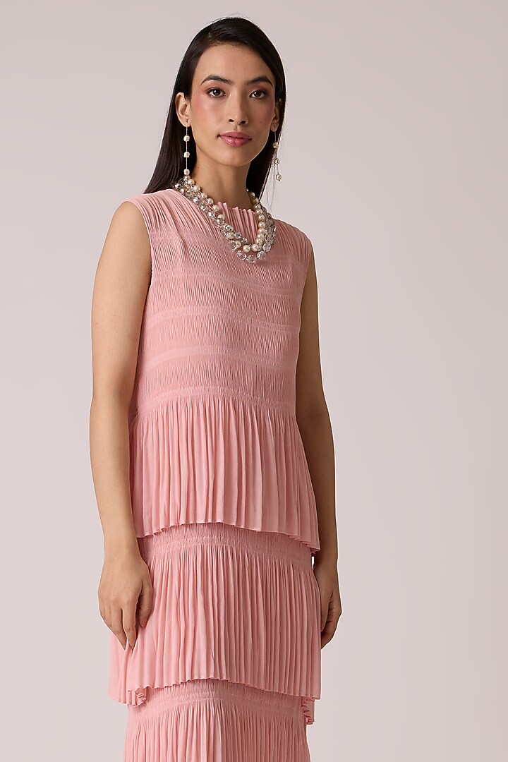 Peach Pink Polyester & Chiffon Tiered Summer Dress by Scarlet Sage at Pernia's Pop Up Shop