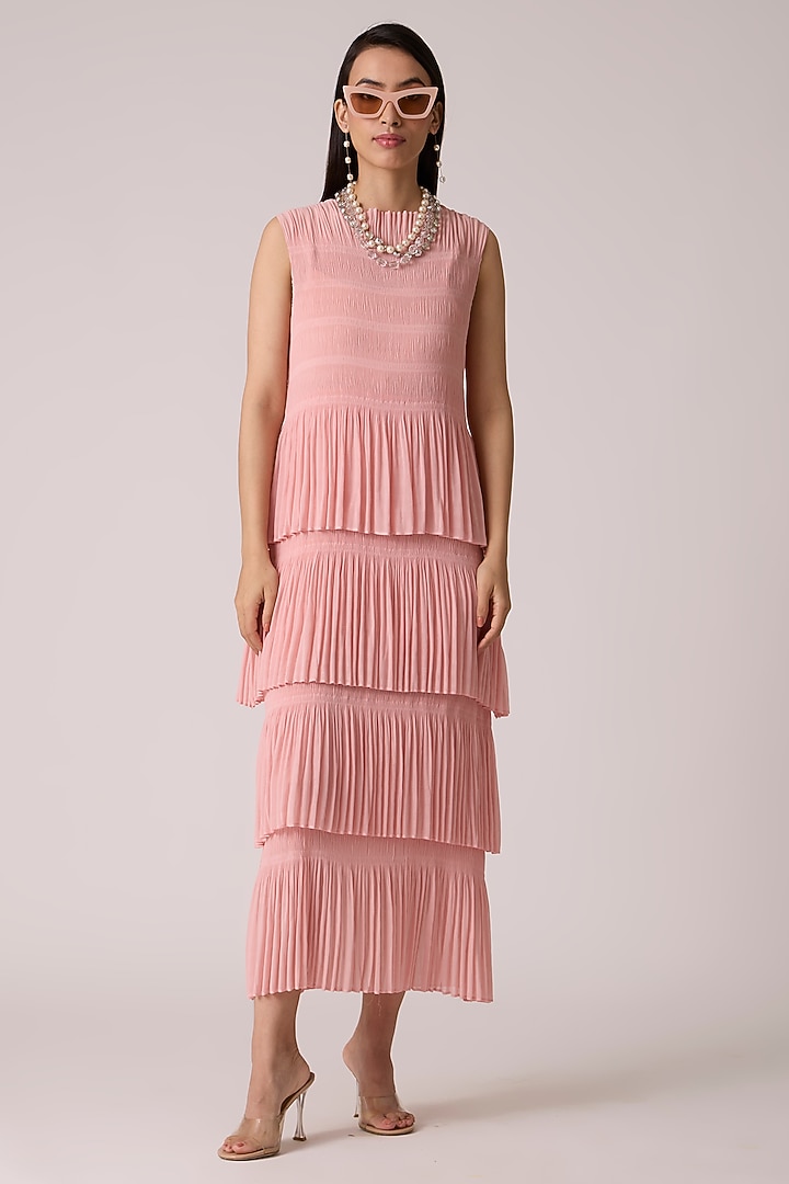 Peach Pink Polyester & Chiffon Tiered Summer Dress by Scarlet Sage at Pernia's Pop Up Shop