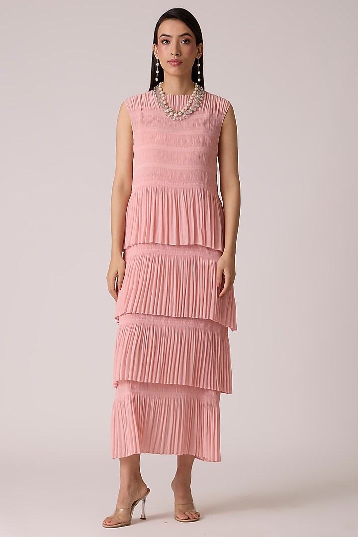 Peach Pink Polyester & Chiffon Tiered Summer Dress by Scarlet Sage at Pernia's Pop Up Shop