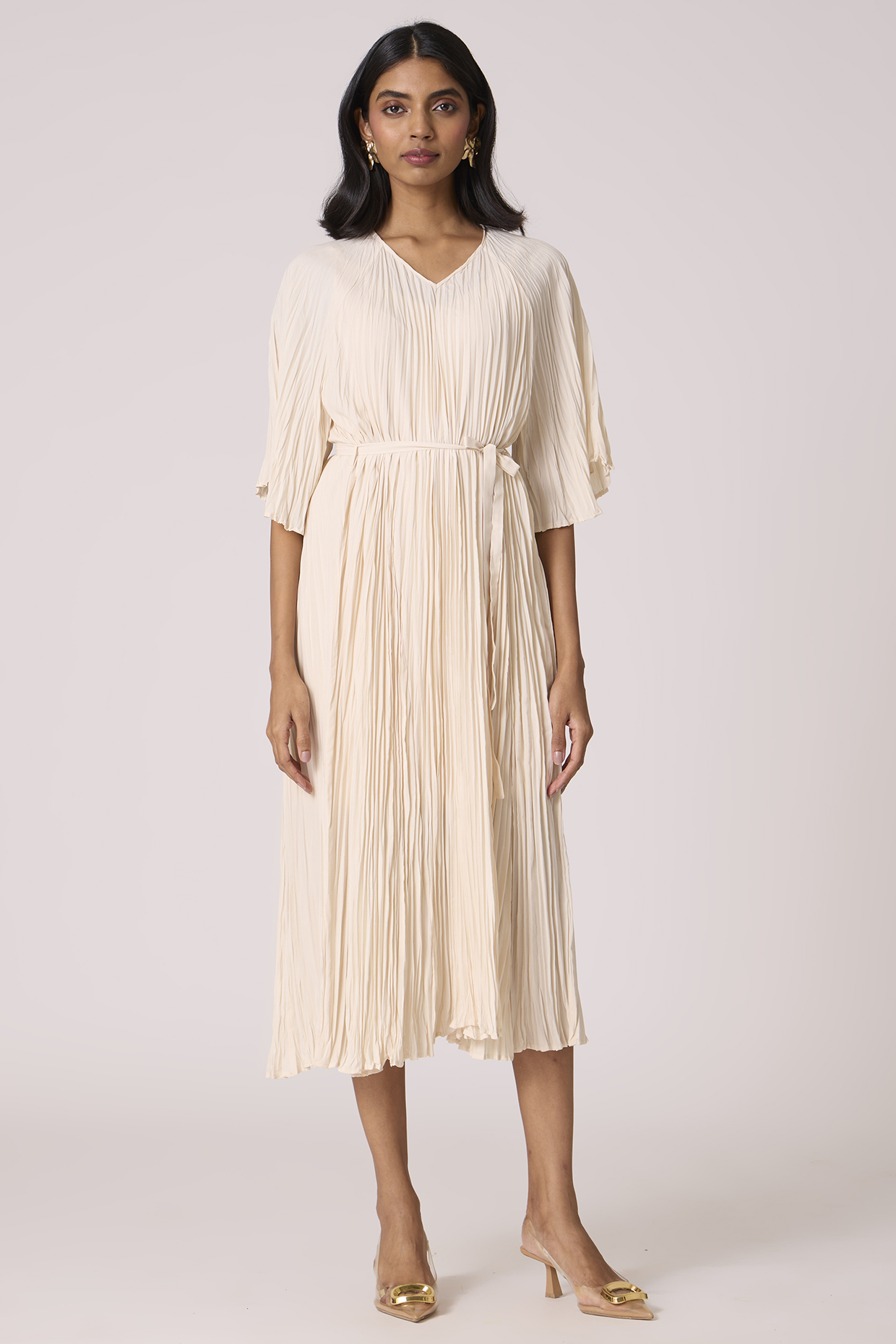 Cream Polyester Pleated A-Line Summer Dress by Scarlet Sage at Pernia's Pop Up Shop