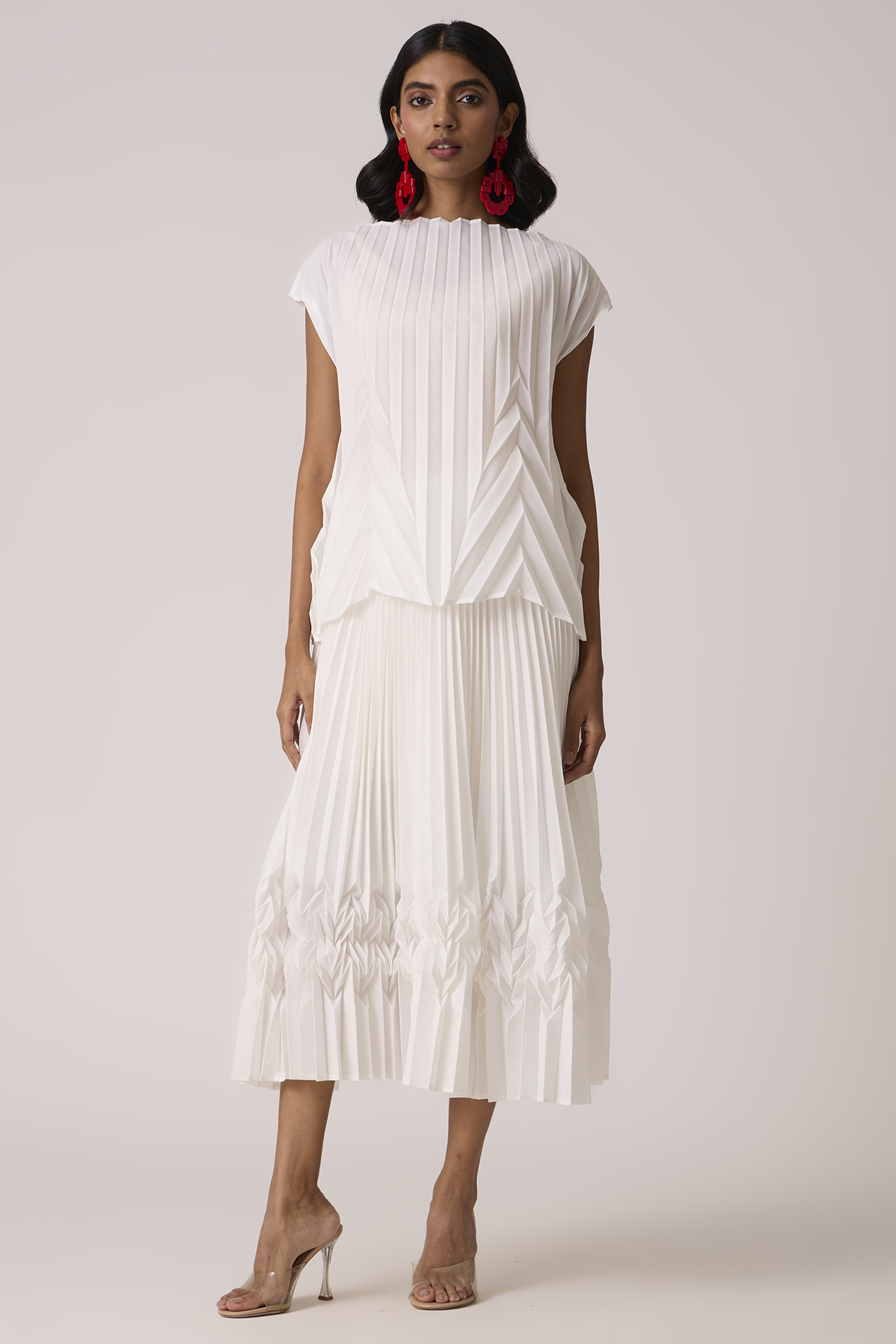 White Polyester Chevron Pleated Skirt Set by Scarlet Sage at Pernia's Pop Up Shop