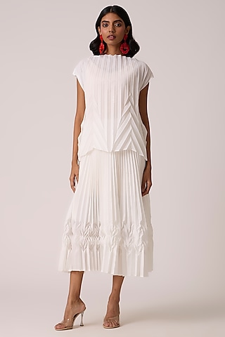 White Polyester Chevron Pleated Skirt Set by Scarlet Sage