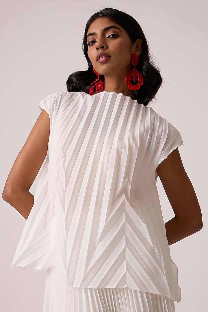 White Polyester Chevron Pleated Skirt Set by Scarlet Sage at Pernia's Pop Up Shop