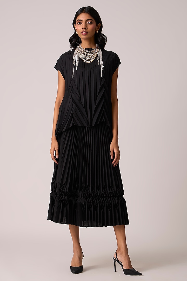 Black Polyester Chevron Pleated Skirt Set by Scarlet Sage at Pernia's Pop Up Shop