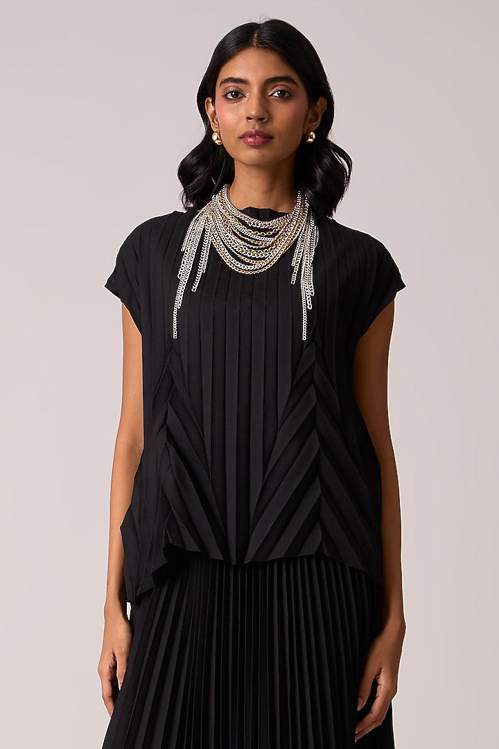 Black Polyester Chevron Pleated Skirt Set by Scarlet Sage at Pernia's Pop Up Shop