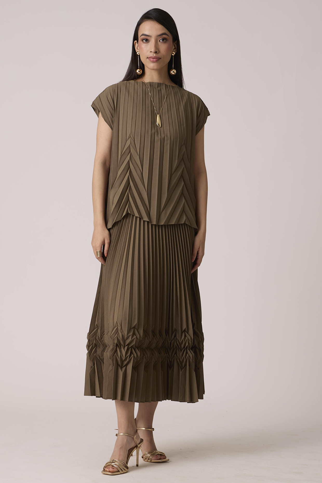 Dark Taupe Polyester Chevron Pleated Skirt Set by Scarlet Sage at Pernia's Pop Up Shop