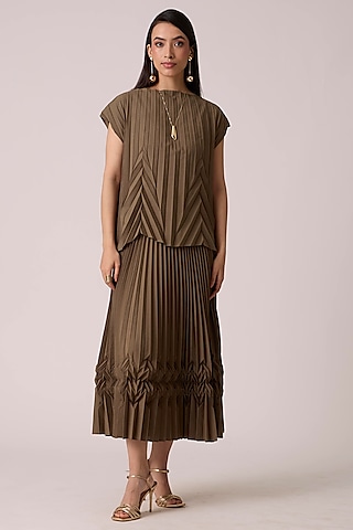 Dark Taupe Polyester Chevron Pleated Skirt Set by Scarlet Sage