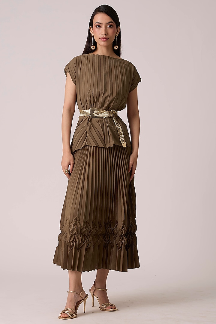 Dark Taupe Polyester Chevron Pleated Skirt Set by Scarlet Sage at Pernia's Pop Up Shop