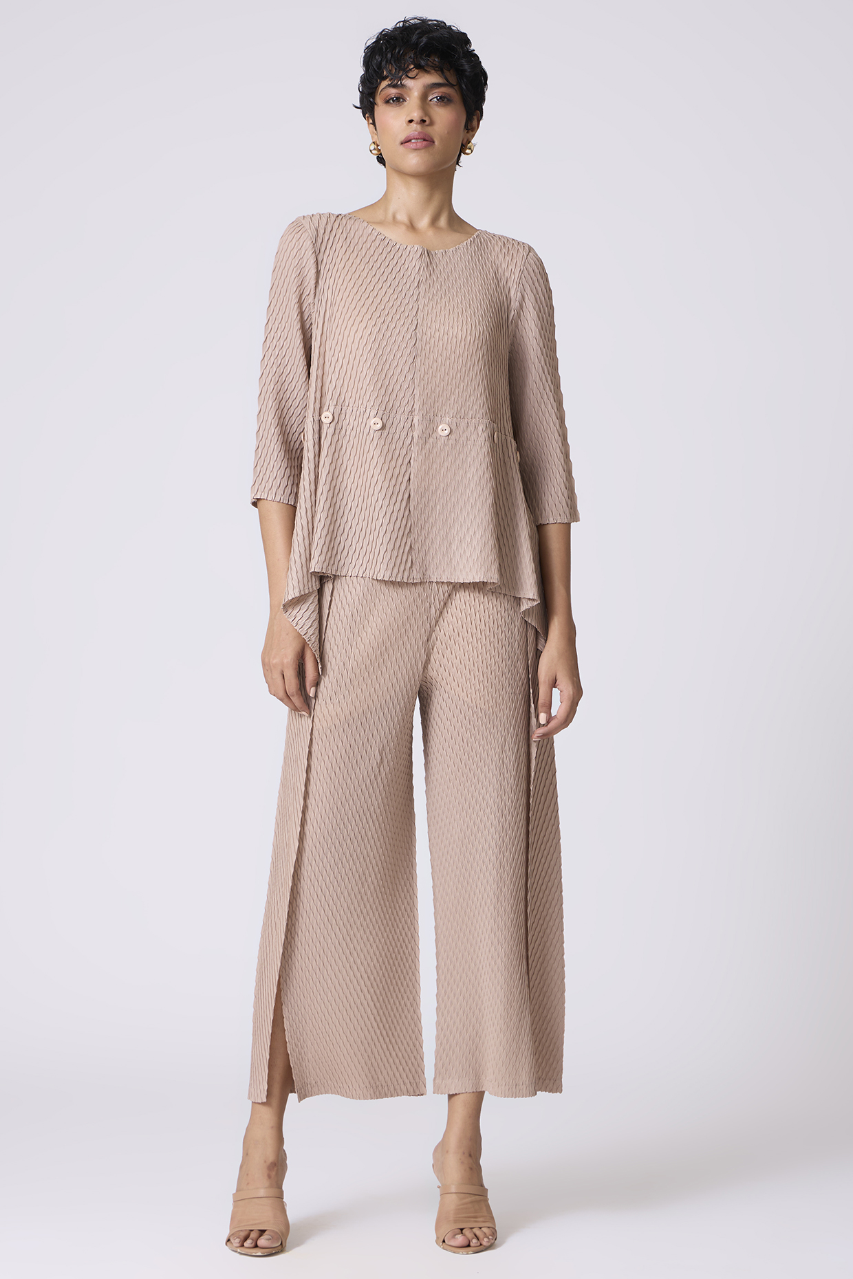 Light Taupe Polyester & Pleated Fabric Co-Ord Set by Scarlet Sage at Pernia's Pop Up Shop