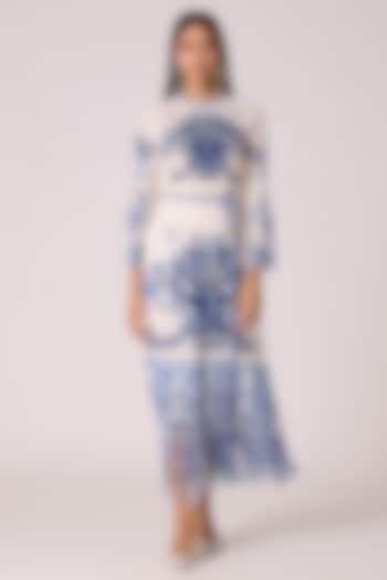 Blue Polyester Ceramic Printed Straight Summer Dress With Belt by Scarlet Sage at Pernia's Pop Up Shop