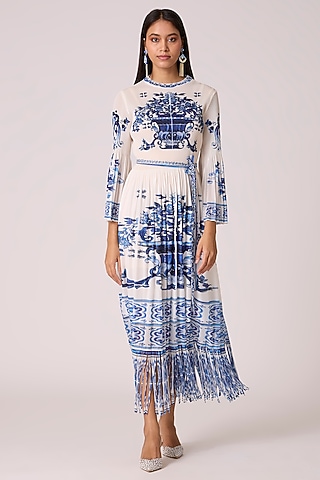 Blue Polyester Ceramic Printed Straight Dress With Belt by Scarlet Sage