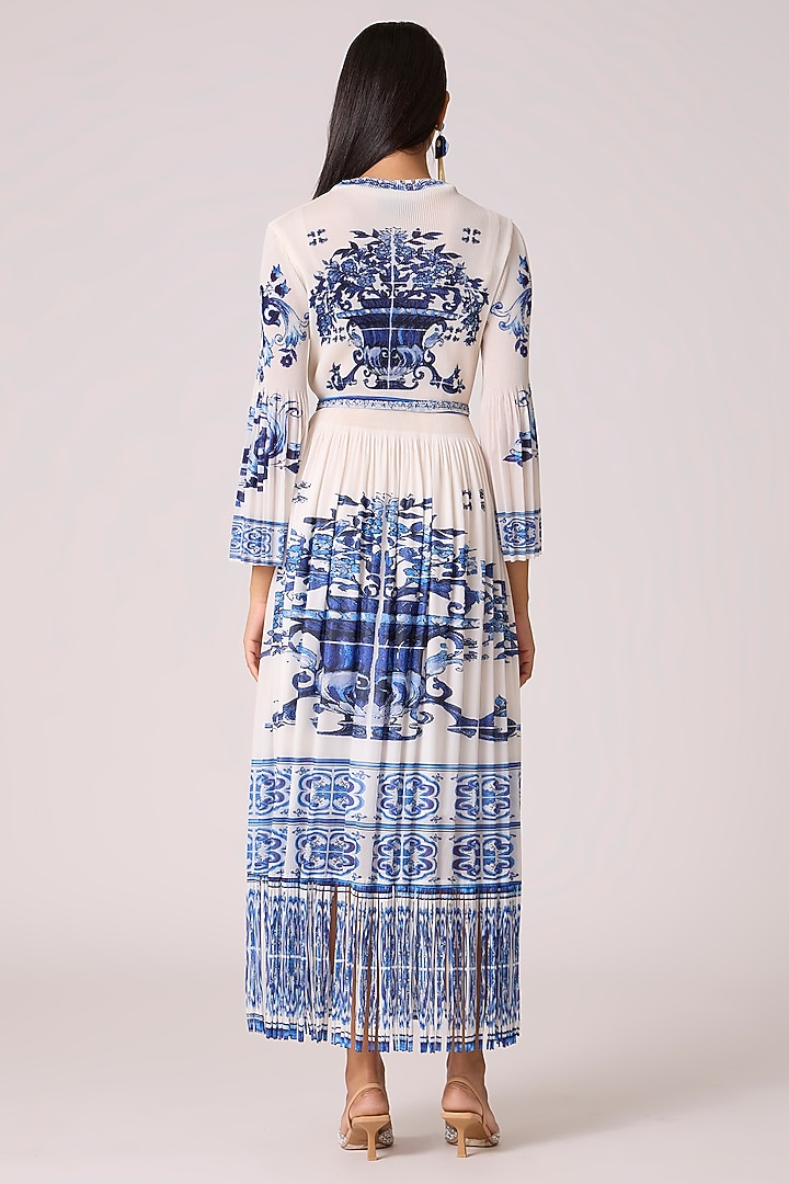 Blue Polyester Ceramic Printed Straight Summer Dress With Belt by Scarlet Sage at Pernia's Pop Up Shop