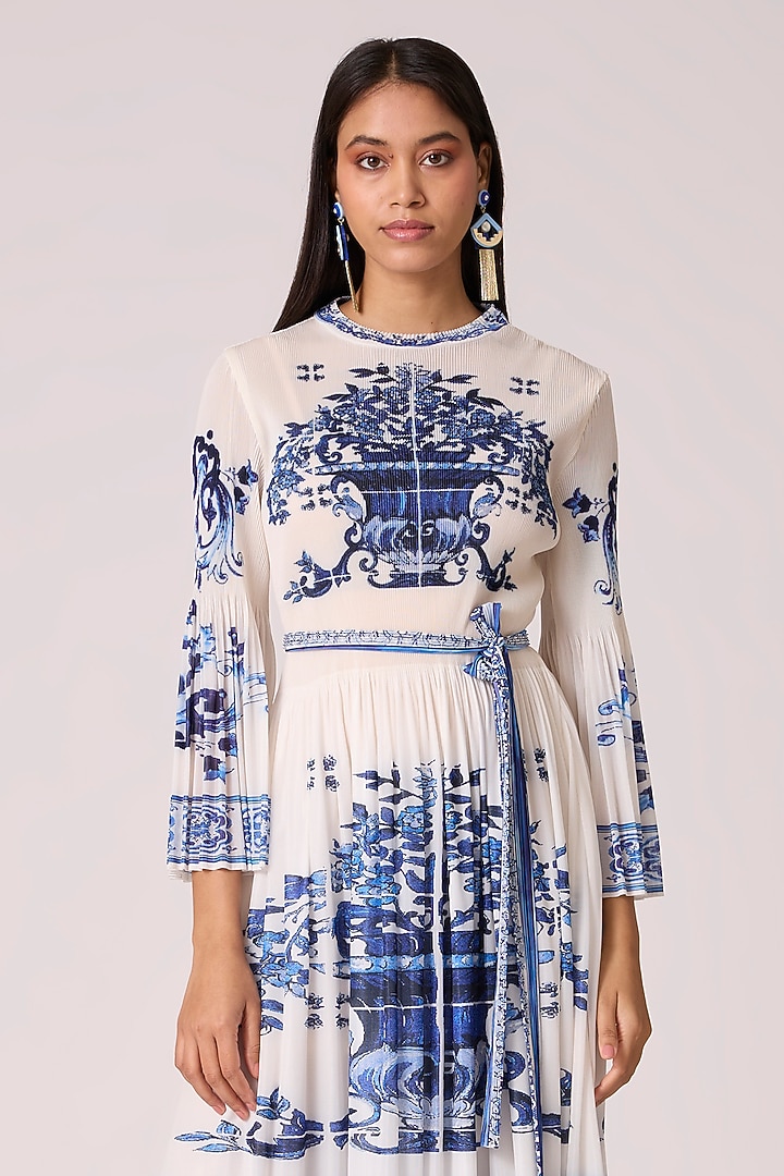 Blue Polyester Ceramic Printed Straight Summer Dress With Belt by Scarlet Sage at Pernia's Pop Up Shop