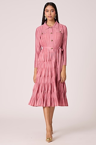 Old Rose Polyester Tiered Midi Shirt Dress With Belt by Scarlet Sage