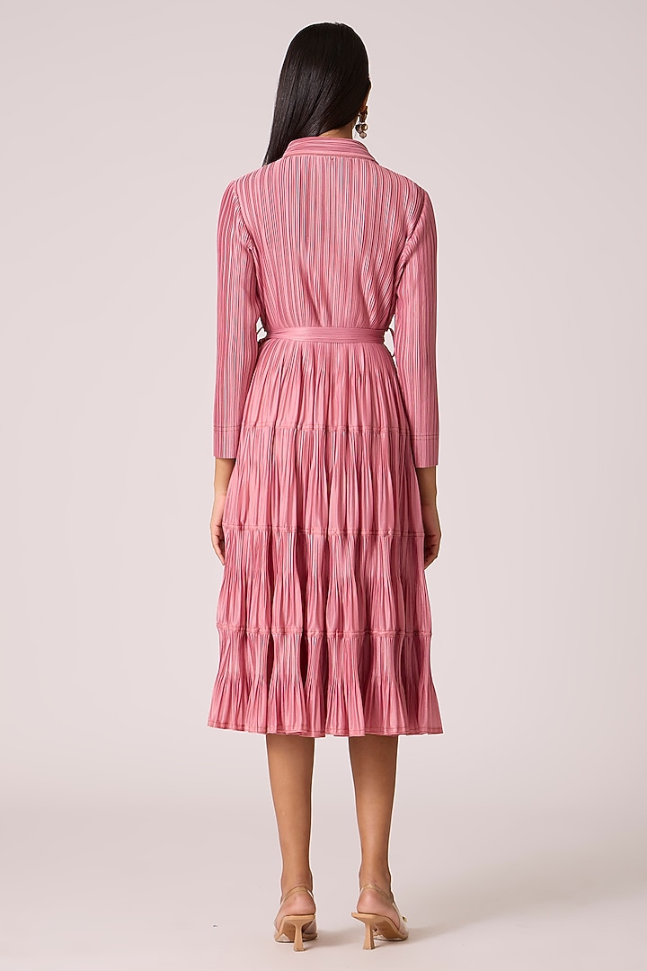 Old Rose Polyester Tiered Midi Shirt Summer Dress With Belt by Scarlet Sage at Pernia's Pop Up Shop