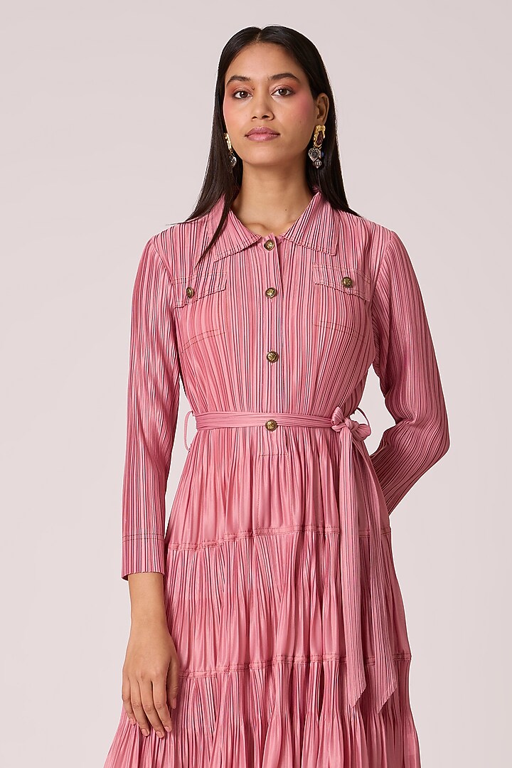 Old Rose Polyester Tiered Midi Shirt Summer Dress With Belt by Scarlet Sage at Pernia's Pop Up Shop