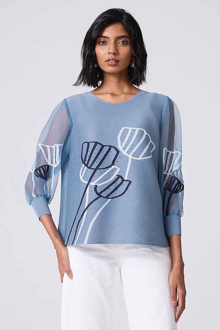 Cornflower Blue Polyester Floral Printed A-line Top by Scarlet Sage at Pernia's Pop Up Shop