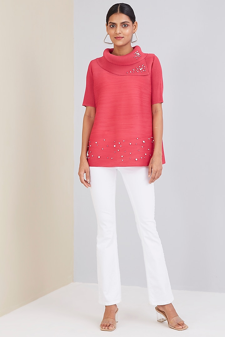 Hot Pink Embellished Turtle Neck Top by Scarlet Sage at Pernia's Pop Up Shop