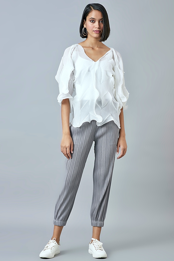 White Polyester Pleated Top by Scarlet Sage