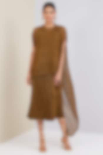 Dark Gold Polyester Pleated Straight Dress With Cape by Scarlet Sage at Pernia's Pop Up Shop