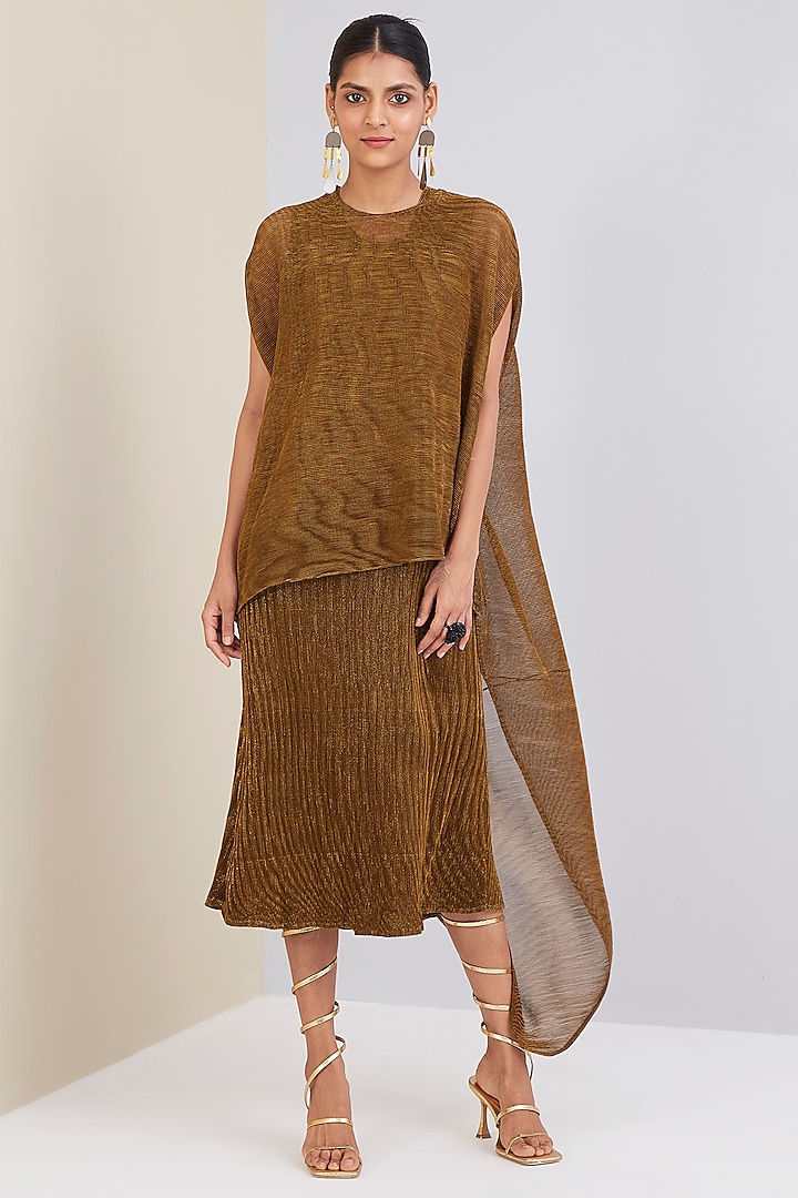 Dark Gold Polyester Pleated Straight Dress With Cape by Scarlet Sage