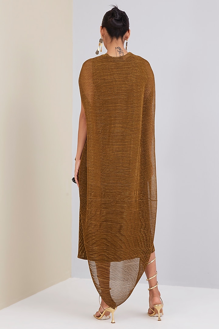 Dark Gold Polyester Pleated Straight Summer Dress With Cape by Scarlet Sage at Pernia's Pop Up Shop