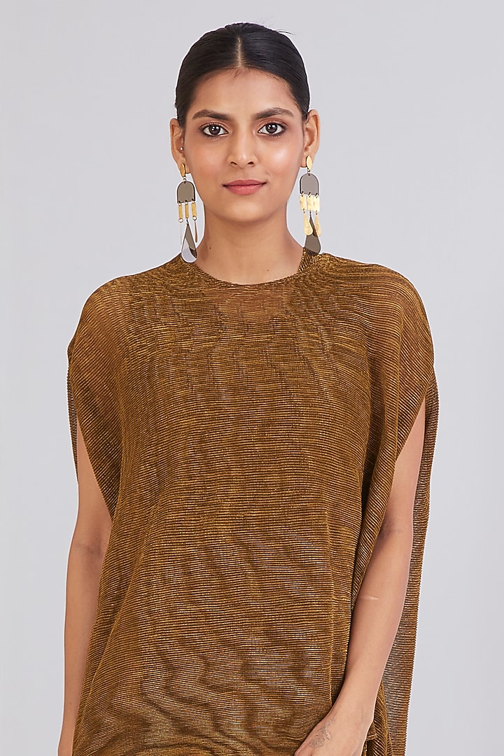 Dark Gold Polyester Pleated Straight Summer Dress With Cape by Scarlet Sage at Pernia's Pop Up Shop