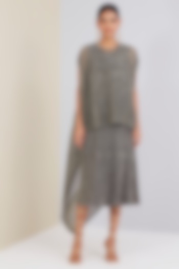 Silver Polyester Pleated Straight Dress With Cape by Scarlet Sage