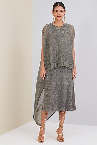 Silver Polyester Pleated Straight Dress With Cape by Scarlet Sage