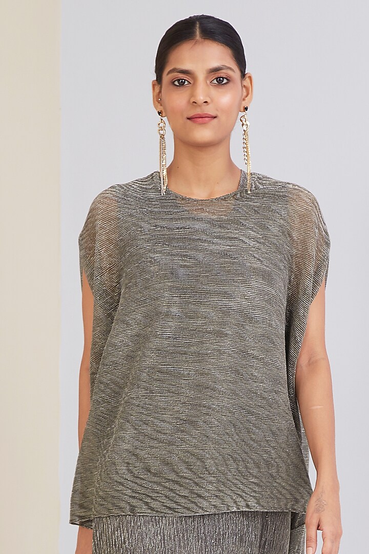 Silver Polyester Pleated Straight Summer Dress With Cape by Scarlet Sage at Pernia's Pop Up Shop