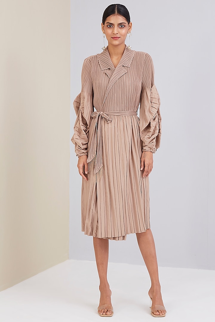 Taupe Polyester Pleated Overlapped Dress With Belt by Scarlet Sage