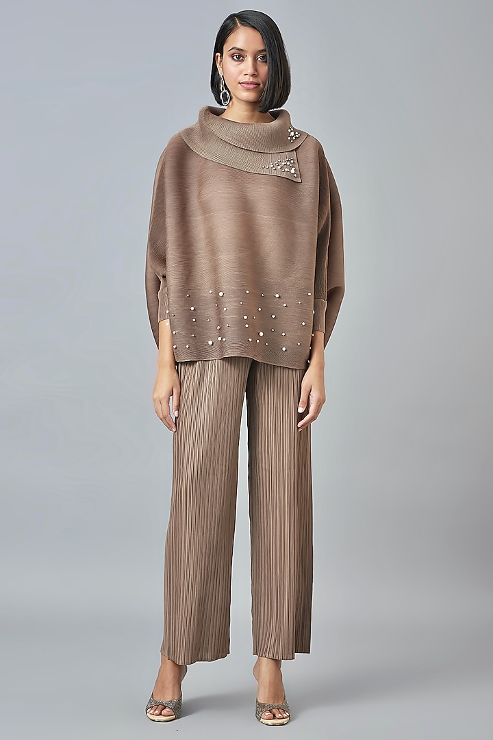 Taupe Polyester Pants by Scarlet Sage at Pernia's Pop Up Shop