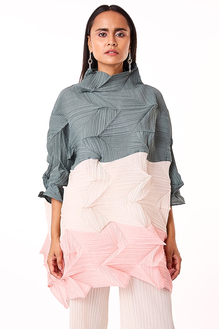 Slate Green & Peach Polyester Pleated Top by Scarlet Sage at Pernia's Pop Up Shop