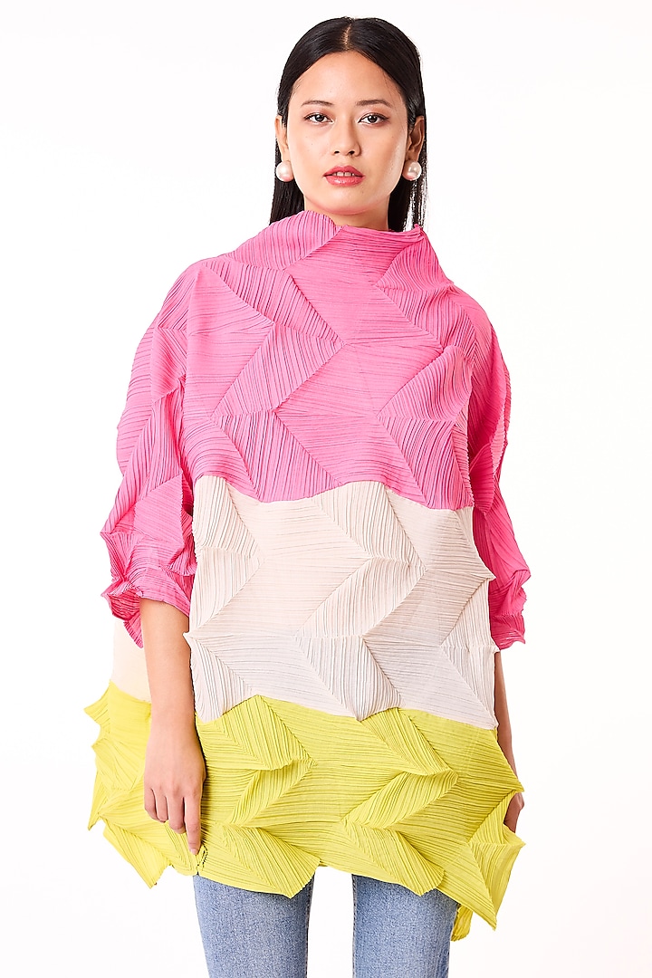Pink & Lime Polyester Pleated Top by Scarlet Sage