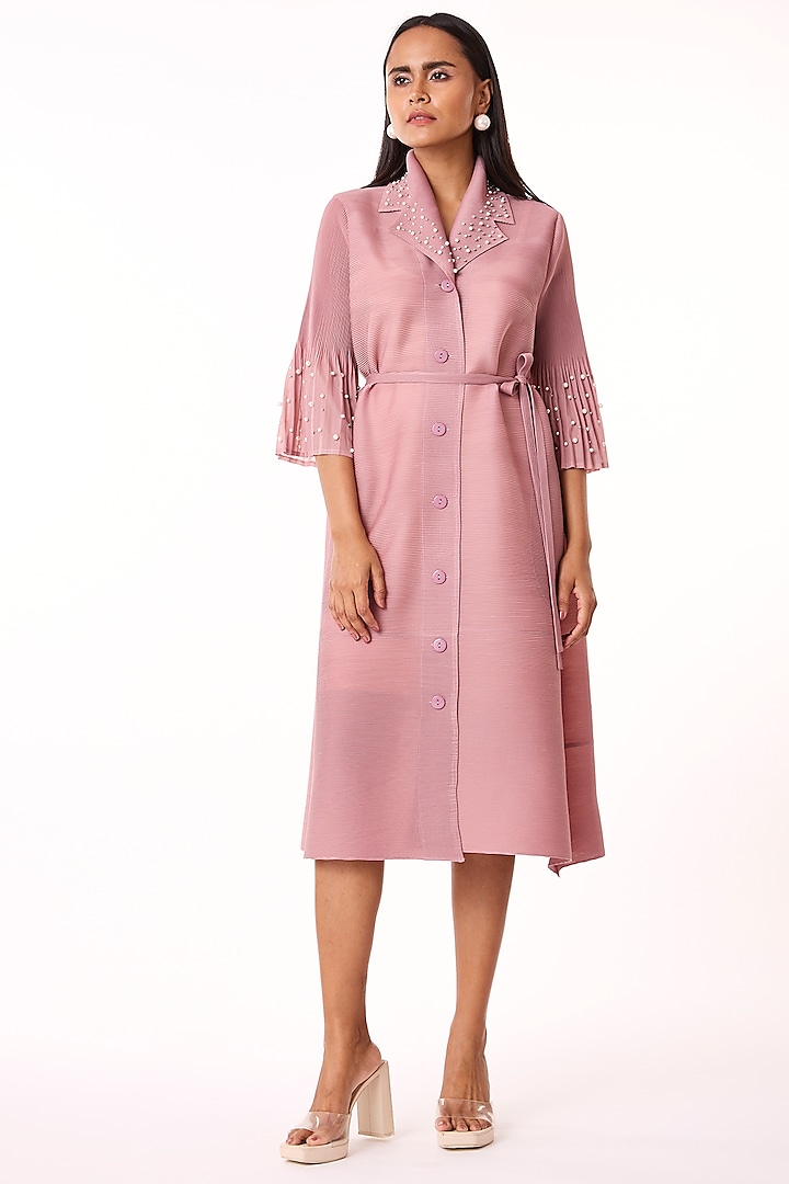 Ash Pink Polyester Embellished A-Line Shirt Dress by Scarlet Sage