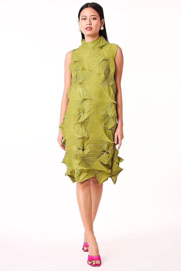 Pear Green Pleated Fabric & Polyester Dress by Scarlet Sage