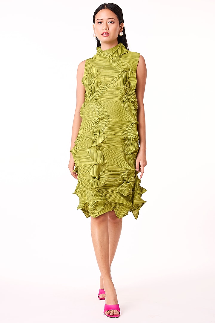 Pear Green Pleated Fabric & Polyester Summer Dress by Scarlet Sage at Pernia's Pop Up Shop
