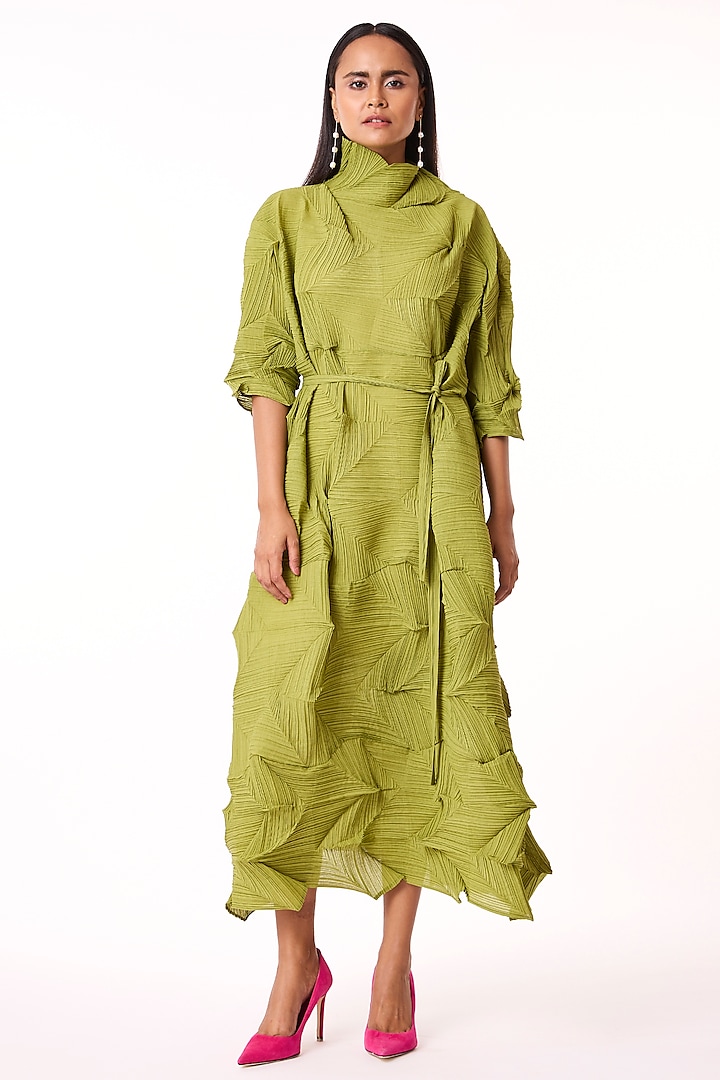 Pear Green Pleated Fabric & Polyester Dress by Scarlet Sage