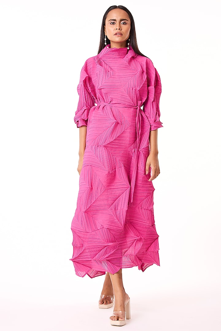 Pink Pleated Fabric & Polyester Dress by Scarlet Sage