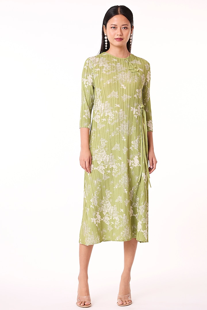 Pear Green Floral Printed Polyester Dress by Scarlet Sage